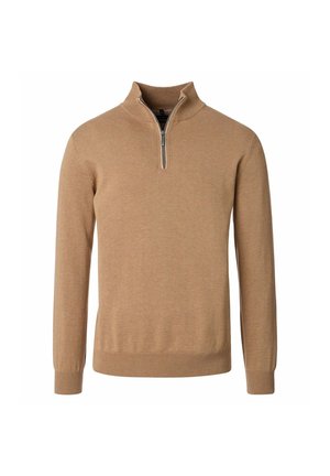 Hellbrauner langärmeliger Pullover mit Viertel-Reißverschluss-Kragen sowie gerippten Bündchen und Saum, präsentiert vor einem weißen Hintergrund.