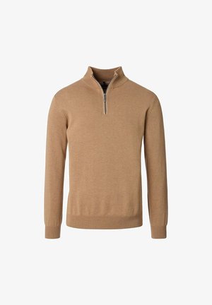 Lysebrune langærmede sweater med en kvart-zip krave og ribbede manchetter og kant, vist mod en hvid baggrund.