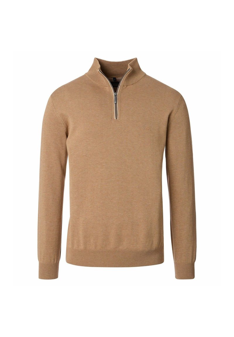 Hellbrauner langärmeliger Pullover mit Viertel-Reißverschluss-Kragen sowie gerippten Bündchen und Saum, präsentiert vor einem weißen Hintergrund.