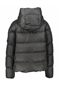 Giacca invernale nera e morbida con cappuccio, design trapuntato e polsini elasticizzati. Realizzata in materiale leggero e lucido con una texture liscia.