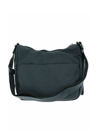 Borsa a spalla grigia scuro realizzata in tessuto testurizzato, con chiusura a zip, tracolla regolabile e tasca posteriore per ulteriore spazio di archiviazione.