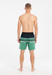 Heren zwemshorts in groen en zwart, met horizontale strepen in lichtere tinten. Gemaakt van lichtgewicht stof met een elastische tailleband.