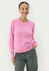 Roze trui met ronde hals en lange mouwen, gemaakt van zachte gebreide stof. Gecombineerd met zwart-witte gestreepte broek, handen in de zakken.