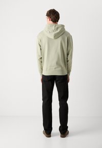 Sudadera verde claro con capucha, dobladillo y puños acanalados. Combinada con pantalones negros y zapatos marrones. Vista desde atrás contra un fondo blanco.