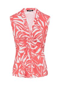 Rotes und weißes ärmelloses Top mit einem verdrehten Frontdesign, rundem Akzent und einem tropischen Blattmuster aus leichtem Stoff.