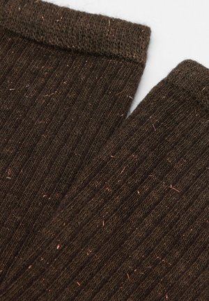 Tissu tricoté côtelé marron foncé avec des accents de fil cuivré métallisé, montrant les parties supérieures des poignets d'une paire de chaussettes.