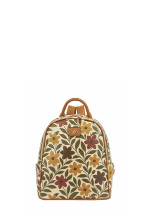 Mochila con ribete de cuero marrón claro y patrón floral con flores amarillas, rojas y marrones con hojas verdes sobre fondo crema.