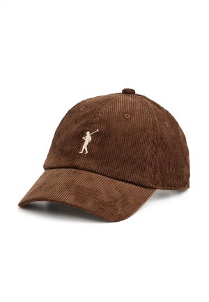 Gorra de béisbol marrón de pana con un pequeño golfista blanco bordado sosteniendo un palo en el panel frontal.