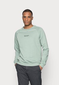 Lys grøn sweatshirt lavet af blødt stof, med rund halsudskæring, lange ærmer og et lille sort logo print på brystet.