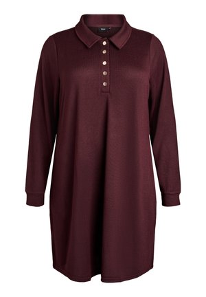 Vinröd långärmad poloklänning med krage, fem dekorativa knappar och texturerat tyg. Har en avslappnad passform och rundad nederkant.