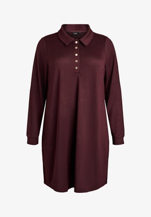 Abito polo bordeaux con maniche lunghe, caratterizzato da un tessuto testurizzato, un colletto e una chiusura con bottoni a pressione a cinque. Vestibilità comoda.