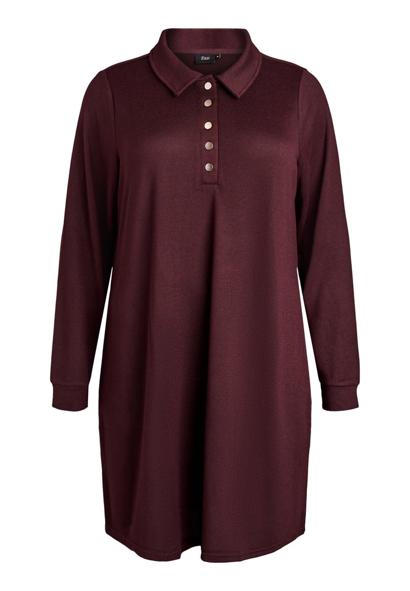 Robe polo bordeaux à manches longues, avec un tissu texturé, un col, et une patte de boutonnage à cinq boutons pour la fermeture. Coupe décontractée.
