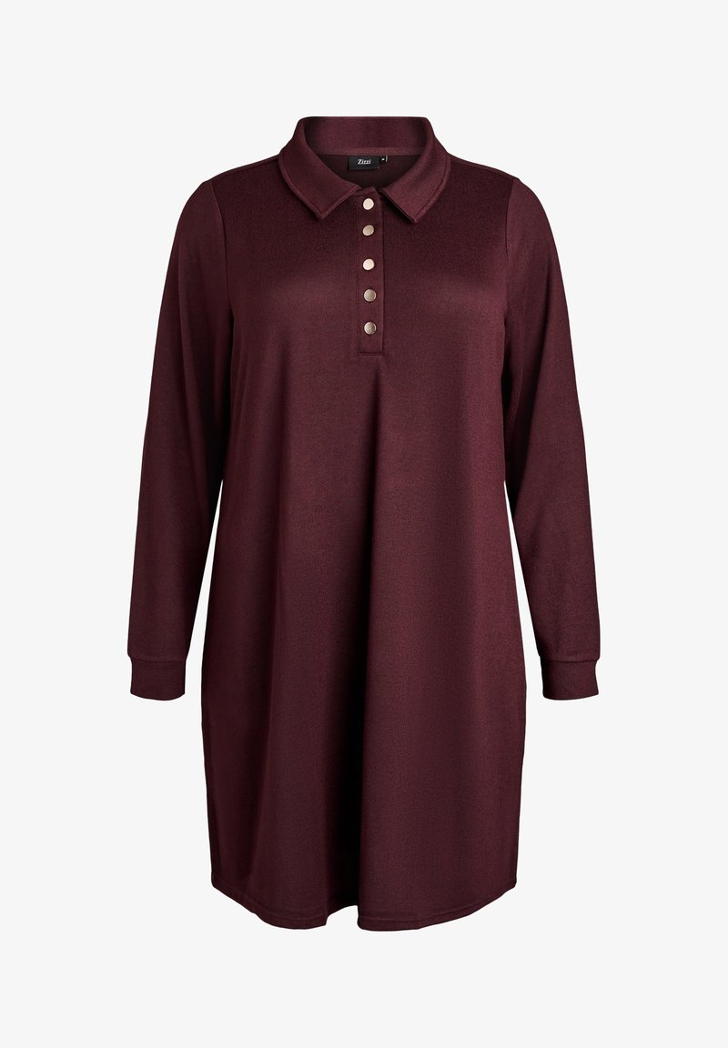 Bordo polo suknelė ilgomis rankovėmis, pasižyminti tekstūruotu audiniu, apykakle ir penkių mygtukų sagčių uždarymu. ATSIPALAIDAVĘS PLOTVIS.
