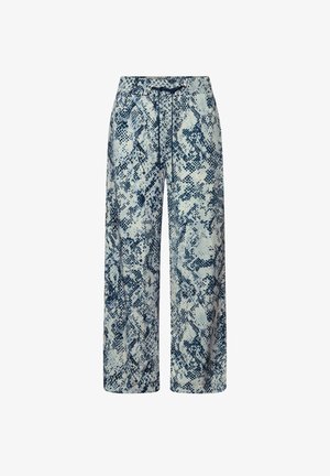Wijde broek in een blauw-wit slangenprintpatroon, met een elastische tailleband, trekkoordsluiting en zijzakken.
