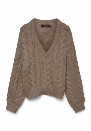 Taupefarbener Grobstrickpullover mit Zopfmuster, V-Ausschnitt, langen Ärmeln sowie gerippten Bündchen und Saum.