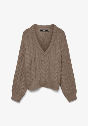 Taupe krāsas biezs džempera trikotāža ar pinumu rakstiem, V veida izgriezumu, garām piedurknēm un ribotu aproču un apakšmalu.