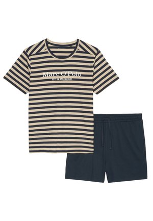 Striped beige and navy short-sleeve t-shirt with logo, paired with navy drawstring shorts made of a soft material.