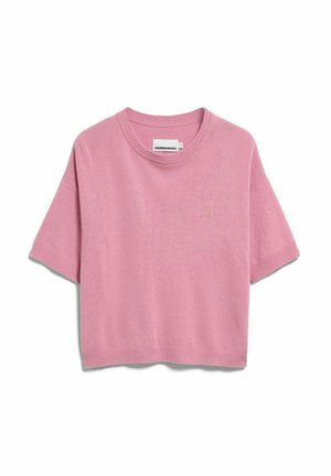 Pull court à manches courtes rose en maille avec col rond, poignets et ourlet côtelés, orné d'un petit logo brodé sur la poitrine gauche.