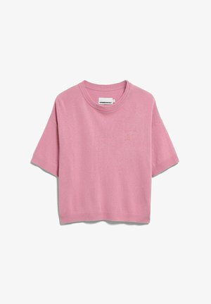 Pull court à manches courtes rose en maille avec col rond, poignets et ourlet côtelés, orné d'un petit logo brodé sur la poitrine gauche.