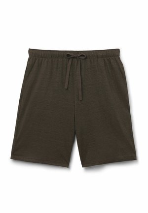 Tmavě hnědé volnočasové šortky s elastickým pasem a předním šňůrkováním, vyrobené z lehké látky.