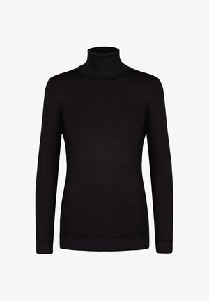 Schwarzer Rollkragenpullover, langärmlig, aus weichem Stoff, mit schmaler Silhouette sowie gerippten Bündchen und Kragen.