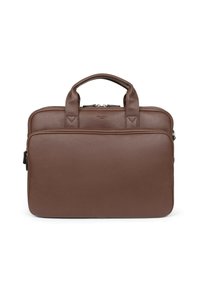 Borsa per laptop in pelle marrone con due manici superiori, un design strutturato e una finitura lucida. Presenta una chiusura con doppia zip e un marchio discreto.