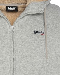 Grijze zip-up hoodie met een zachte beige voering. Voorzien van een zwart label met witte tekst en een kleine rode accent. Soepele textuur, standaard pasvorm.