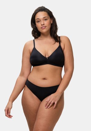 Schwarzes Bikini-Set mit einem dreieckigen Bralette mit verstellbaren Trägern und einem passenden Low-Rise-Slip, beide in einer glatten, matten Textur.