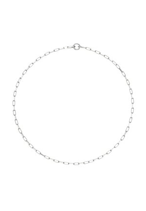 Collana a catena d'argento con anelli ovali allungati e chiusura circolare semplice. Texture liscia e design minimalista.