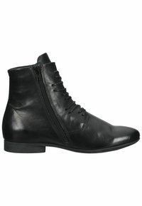 Black leather ankle boots with a pointed toe, featuring a side zipper and lace-up design. Smooth texture and flat sole.