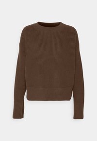 Brązowy sweter dziany z okrągłym dekoltem, prążkowanymi mankietami i pasem w talii. Posiada fakturowany wzór oraz luźny, skrócony krój.
