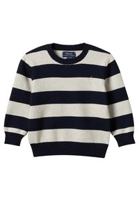 Mörkblå och crema-randig tröja i mjukt stickat tyg, med rundad halsringning, ribbade ärmslut och en liten broderad logotyp på bröstet.