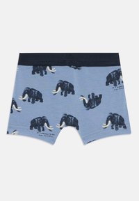 Blue cotton boxer shorts featuring a repeated pattern of black mammoths with tusks. Dark waistband with a small printed phrase at the bottom.