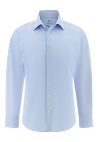 Ljusblå långärmad skjorta med knappar i vävt tyg. Har klassisk krage, sex knappar och skräddarsydda manschetter.