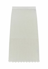 Jupe en tricot vert clair avec un motif texturé en chevrons et un ourlet en feston. Présente une taille ajustée et des détails en dentelle raffinés en bas.