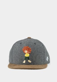 Gray wool cap with a brown suede brim featuring an embroidered character with red hair, green pants, and a yellow shirt.