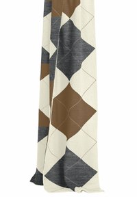 Tissu présentant un motif en losanges aux couleurs gris foncé, marron et crème. Texture douce, design tissé, avec des accents de coutures contrastantes.