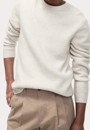 Krämfärgad, strukturerad stickad tröja med rund halsringning och ribbade ärmslut, i kombination med beige, veckade byxor som har sidofickor.