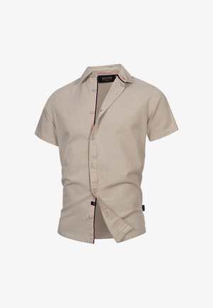 Paidat lyhyillä hihoilla, beige, valmistettu teksturoidusta kankaasta, jossa on nappikiinnitys ja erottuva raitakuosi kauluksessa ja nappilista.