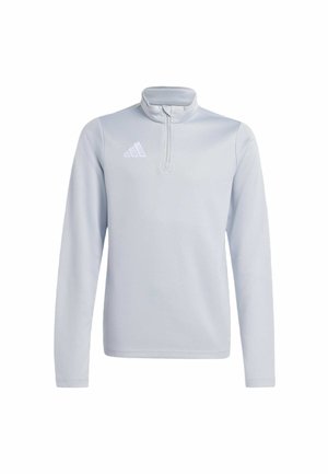 Lysegrå atletisk langærmet pullover med kvart lynlås og hvid Adidas-logo på venstre bryst.