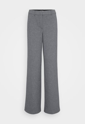 Gray wide-leg trousers made from textured fabric, featuring a front pocket, belt loops, and a fitted waistband.