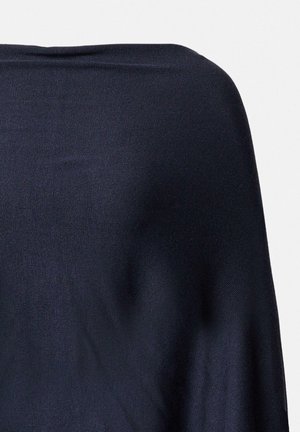 Dunkelblauer, leichter Strickstoff, der sanft fällt. Die Textur ist glatt mit einem dezenten Glanz. Das Design bietet eine lockere Silhouette für Komfort.