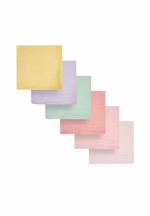 Set di sei panni leggeri in cotone di colori pastello: giallo, lavanda, verde menta, rosa, rosa chiaro e pesca chiaro. Finitura texturizzata.