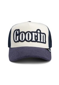Trucker cap featuring a beige front, navy mesh sides, and a dark blue brim. "Goorin" embroidered prominently on the front in white and navy.