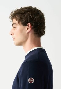 Dunkelblaues Strickpullover mit geripptem Rundhalsausschnitt und weißen Akzenten. Mit einem runden "COLMAR"-Logopatch auf der linken Schulter.