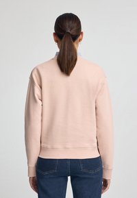 Ljusrosa sweatshirt med rund halsringning och långa ärmar. Har ribbade mudd och nederkant; mjuk textur. Bärs över en ljusblå skjorta med krage.