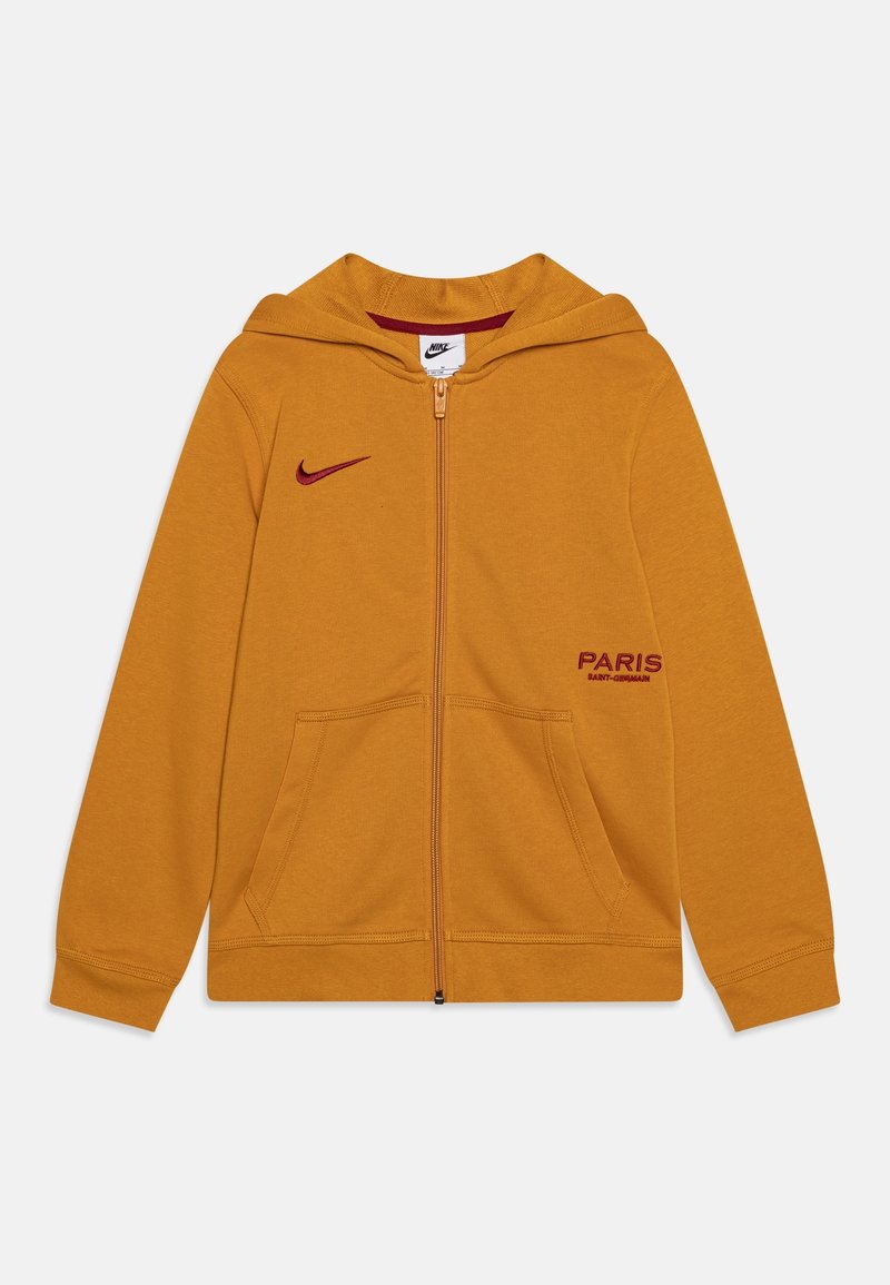 Gul hættetrøje med lynlås lavet af blødt stof, med en forlommer, hætte og rød Nike-logo med teksten "PARIS" på brystet.