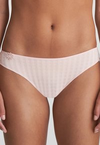 Light pink bikini bottom with a striped pattern, featuring delicate lace detailing on the side and a smooth, soft fabric texture.
