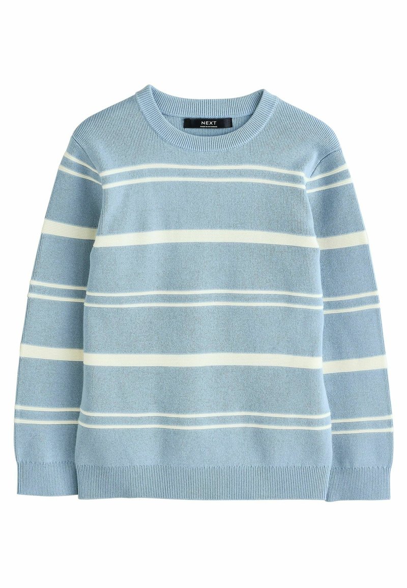 Maglione azzurro chiaro a girocollo con strisce orizzontali bianche. Materiale in maglia morbida, maniche lunghe, polsini e orlo a coste. Etichetta del marchio visibile.