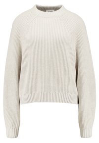 Pull en maille gris clair avec un col rond, des manches raglan et un ourlet côtelé. Présente un motif texturé sur toute la surface. Coupe décontractée.